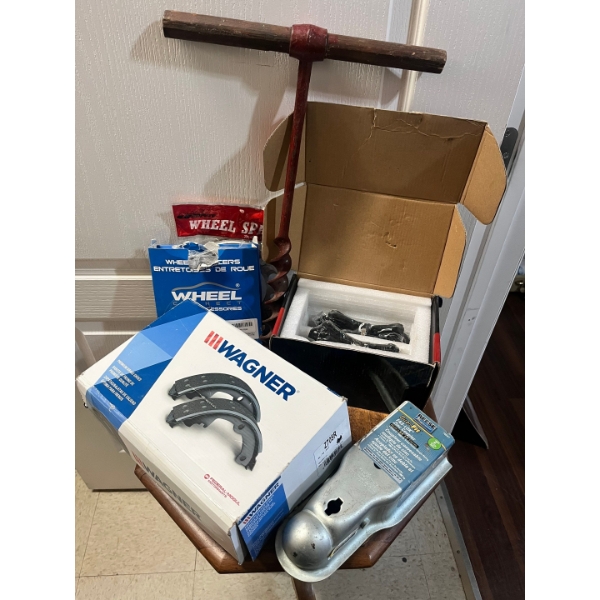 Antique T-handle auger, Wagner premium brake shoes, wheel accessories wheel spacer, a dual fit fast 
