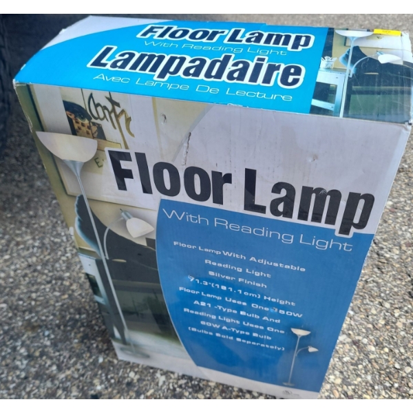 Two Silver Finish Floor Lamps- One New in Box, Second One Assembled