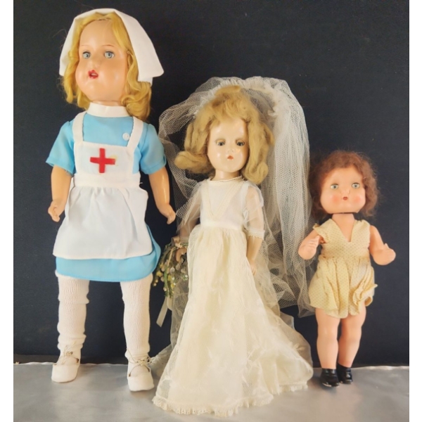 3 Vintage Dolls Including Eaton's Beauty, Madame Alexander Bride Doll, and Roddy Walker