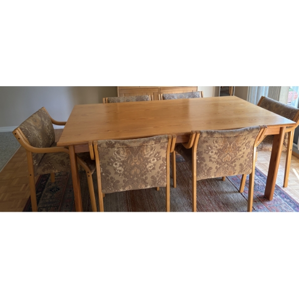 Long Pine Table with Extensions, Attachable Legs and Six Chairs