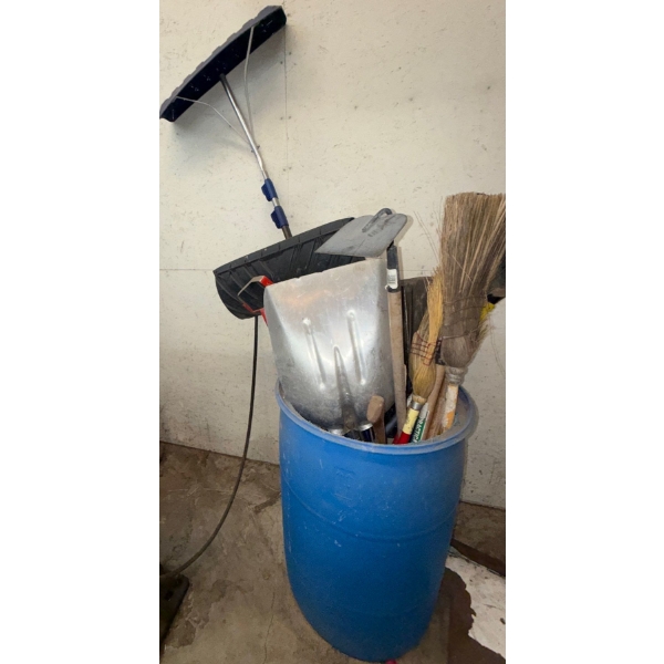 Bucket Full of Assorted Shovels & Brooms