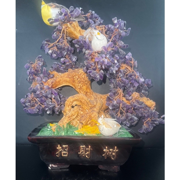 Amethyst Artificial Asian Home Decorative Tree w/ Birds 14" tall 