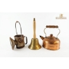 Image 1 : Brass And Wood School Bell, A Copper Tea Kettle, And A Rustic Metal Lantern.