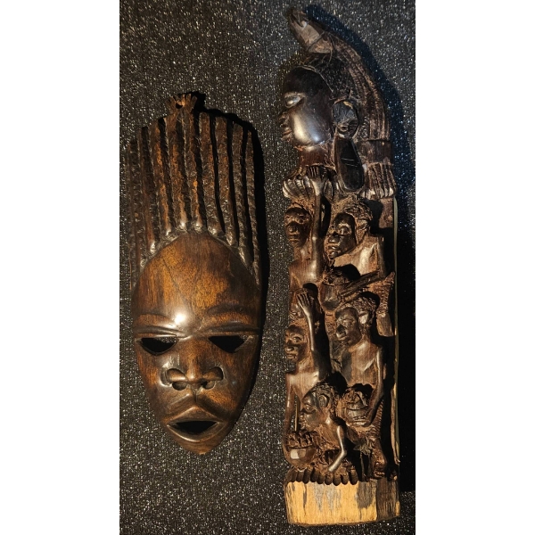 Carved Wooden Mask and Statue Set with Natural Finish