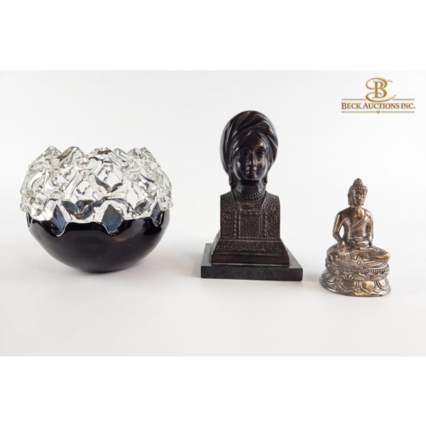 Art Glass Bowl Blue Glass Interior With A Clear, Bronze Bust Of Figure Tibetan-Style Buddha Figurine