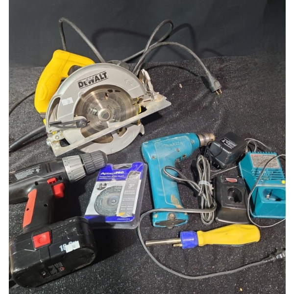 Dewalt DWE-575 Saw, Jobmate and Makita Cordless Drills w/ Chargers, Wire Wheel Attachment for Drill