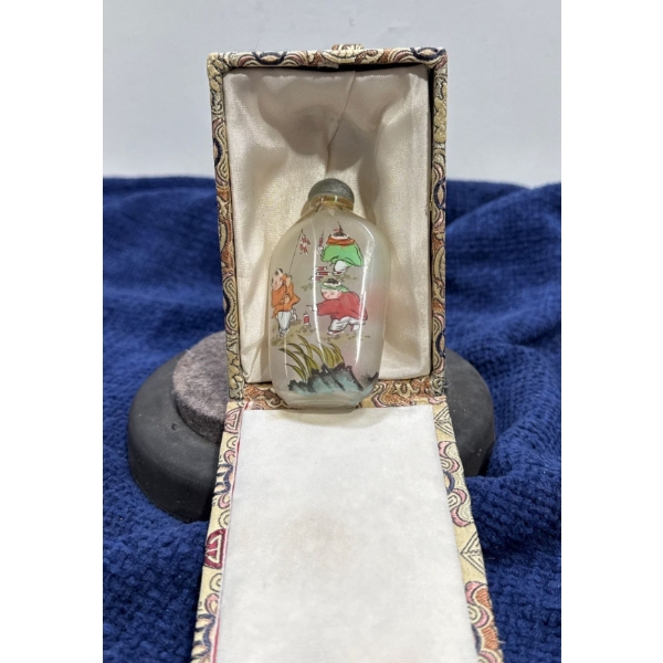 Hand Painted Celebrating Children Glass Snuff Bottle with Spoon 2.5H