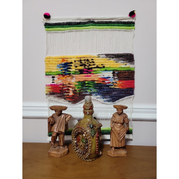 Hand Spun Peruvian Tapestry w/ Decorative Decantor & South American Hand Carved Folk Art 7T