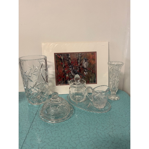 Assortment of vintage Pinwheel cut crystal tableware, as well as a print of "Maple Jays" by Arlene D