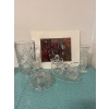 Image 1 : Assortment of vintage Pinwheel cut crystal tableware, as well as a print of "Maple Jays" by Arlene D
