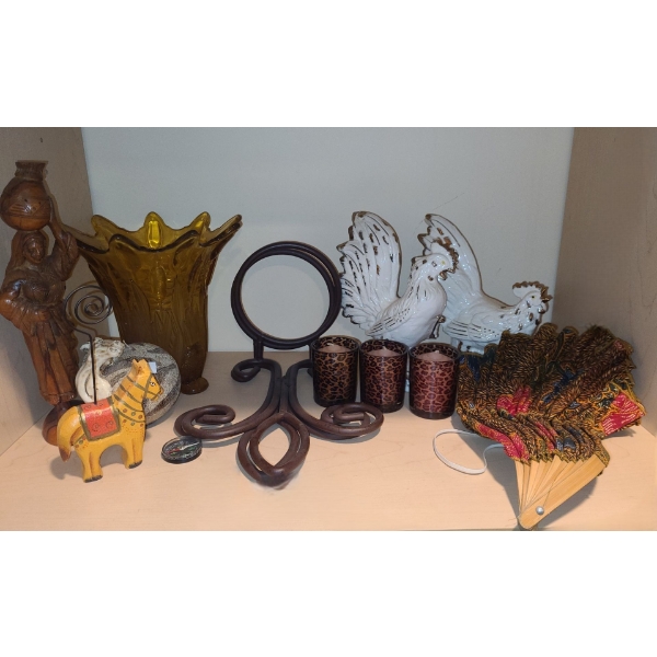 Ceramic Chickens 8 T, Sconces w/ Glass Inserts and Other Decor 