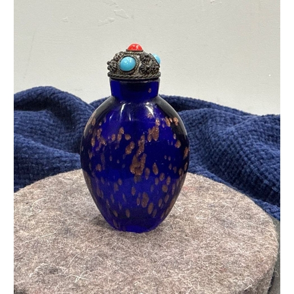  Hand Painted Blue Glass Snuff Bottle with Spoon  3H 