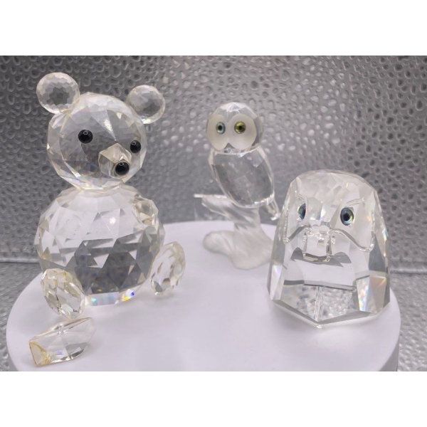 Swarovski Crystal Animals Bear ( Right Arm fell off), Owl on a Log and Eagle Head 