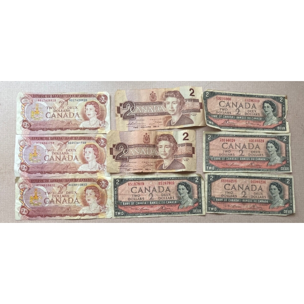 Collection Of Vintage Canadian $2 Dollar Bills 