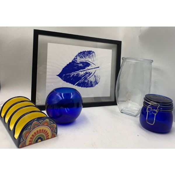 Leaf Art By: Travis, Cobalt Blue Glass Set Plus Taco Stand & Vase 