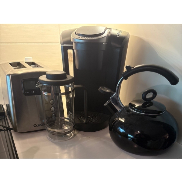 Cuisinart Two Slice Toaster, Keurig, Kettle Black Toned Kitchen Appliances