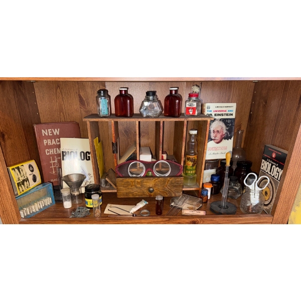 Biology, Practical Chemistry, Shelf, Goggles, Test Tubes, Funnels, slides