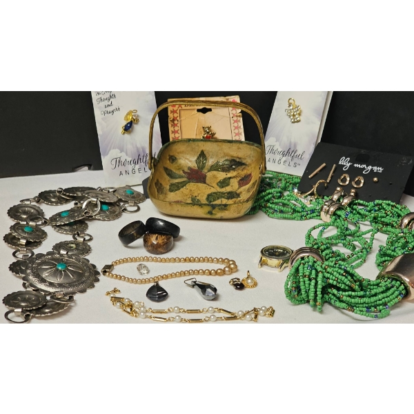 Vintage Jewelry Lot Featuring Necklaces, Earrings, Bracelets, and Decorative Trinket Basket