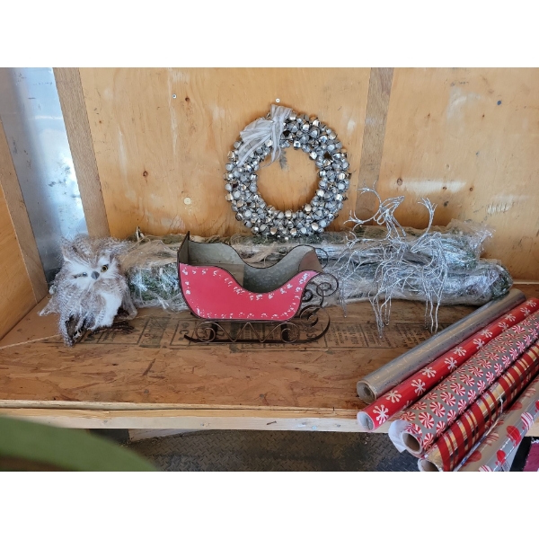 Approx 16' of Garland with Lighting, Metal Sleigh, 2 Metal Reindeer, Owl, Bell Wreath, 5 Rolls of wr