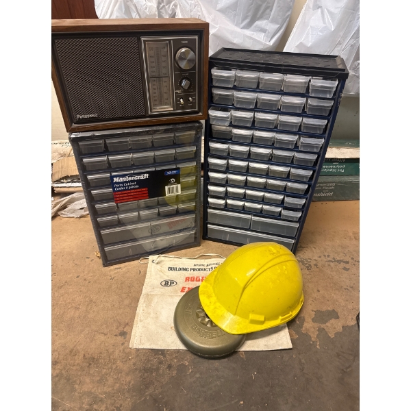 Panasonic Vintage Garage Radio, Mastercraft Tool Storage Cabinets, and Yellow Safety Helmet