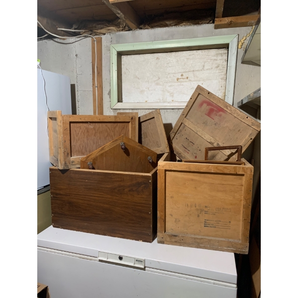 Wooden Storage Crates and Panels With Mixed Wood Types Vintage Leather Pieces