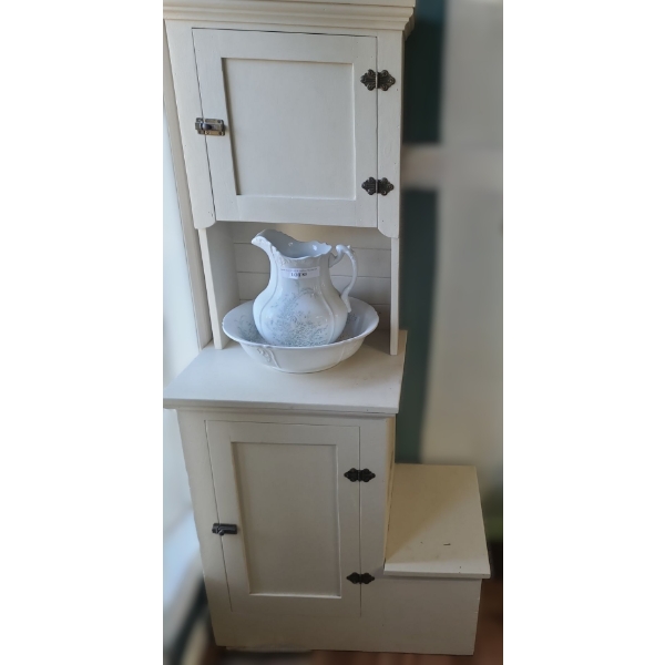 Wooden Wash Stand w Kids Step.  Royal Ironstone Wash Basin & Pitcher 30 w 17 1/2 d 61 1/2 h 