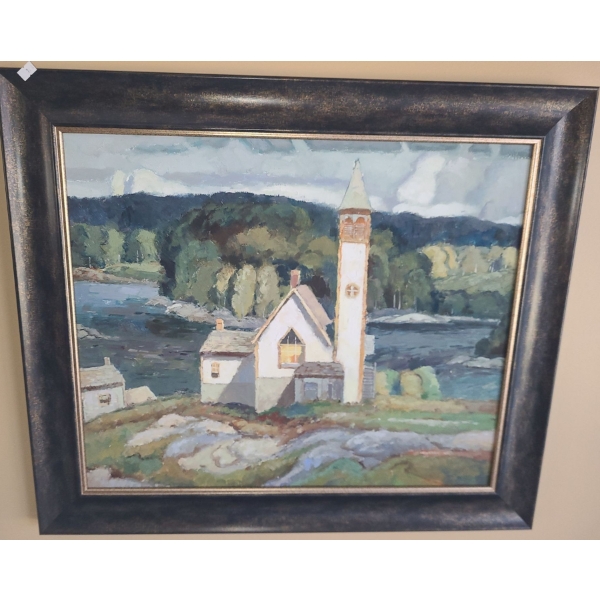 Framed Print of Church by River 29 X 25, Paint on Canvas 