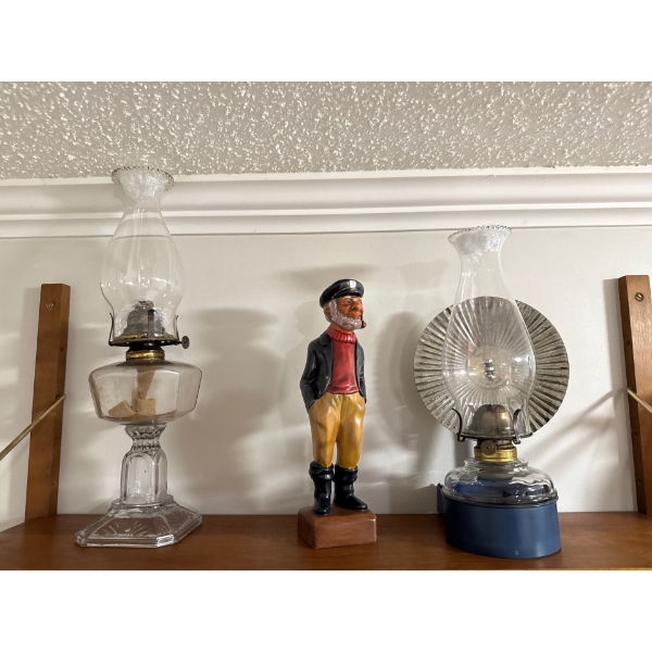 Oil Lamp (2) w/ Wooden Sailor Figurine 