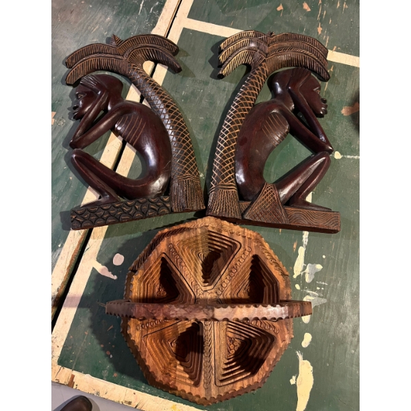 -handmade wooden basket that folds up very intricate made along with two African wall hangers handma
