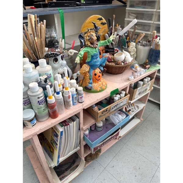  rolling cart with paint brush’s paint tools ceramic scarecrow and more