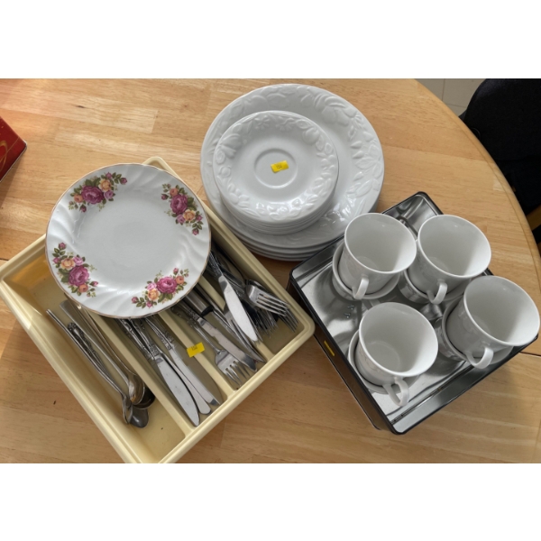 Partial White Set Of Dishes & Silverware