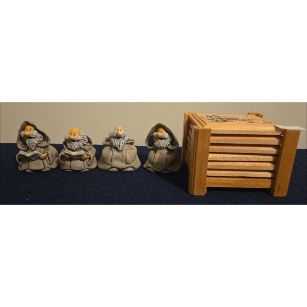 Handmade Clay Mini Figurines w/ Wooden Coasters 
