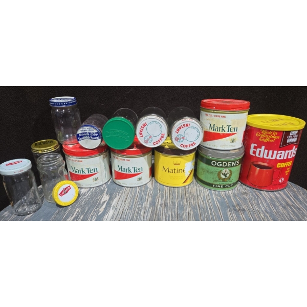 Vintage Tobacco Tins (Matinee, Mark Ten, Ogden's)  AND Vintage Glass Jar Collection 