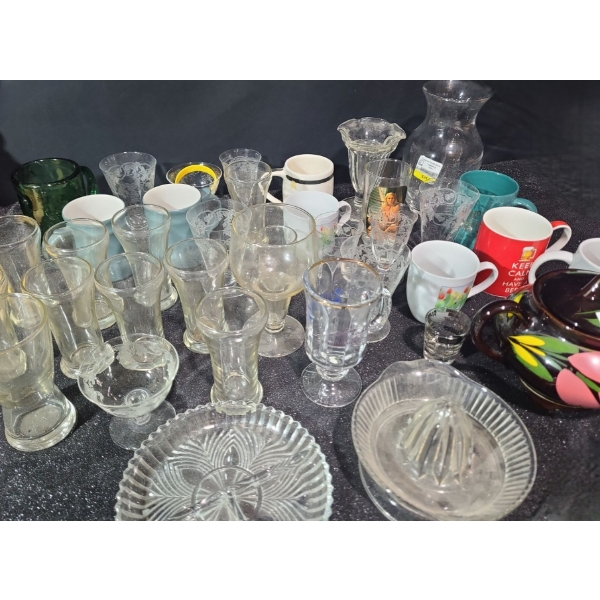 Teapot, Mugs and Assorted Glassware- Tallest vase: 7 T