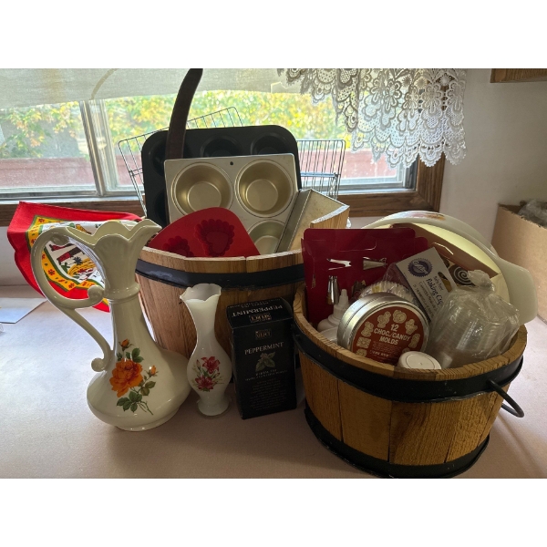 Bakers Staples - Assorted Bakeware w/ Porcelain Decorative Pitcher & 2 Wood Barrels