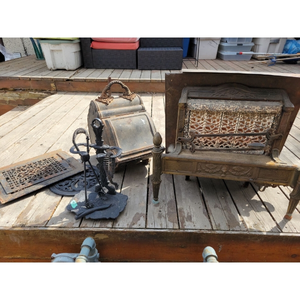 Collection of Antique Cast Iron Fireplace Components, Ash Can, Heat Shield, Gas Fireplace with Ceram