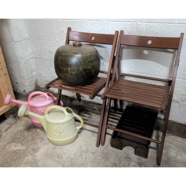 Wooden Folding Chairs, Ceramic Jug Vase, Decorative Watering Cans, and Drawer Organizer