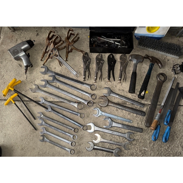 Various Hand Tools- T-Handle Hex Wrenches, Impact Wrench, Hammers, Pliers, Files
