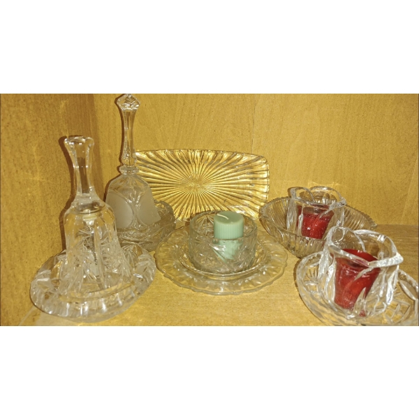 Two Shelves Of Crystal Collectibles  Bells, Candle Holders, Basket & More