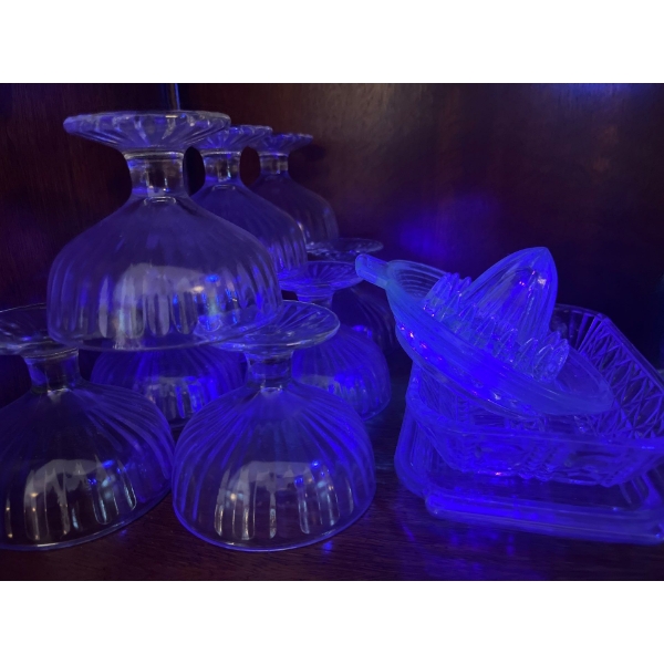  uranium glass white/purple nine dessert bowls butter tray, and lemon juicer