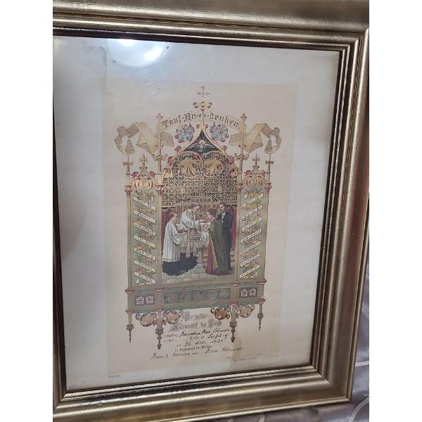1926 Baptismal Certificate Framed and Under Glass 15 w 18 h