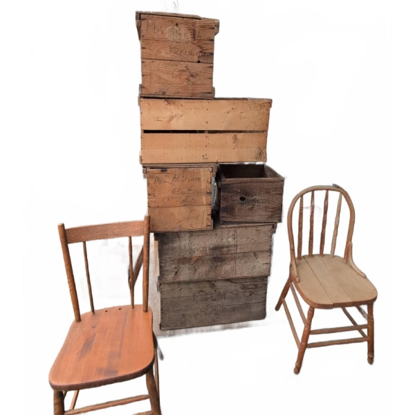 Wooden Crates and Two Wooden Chairs