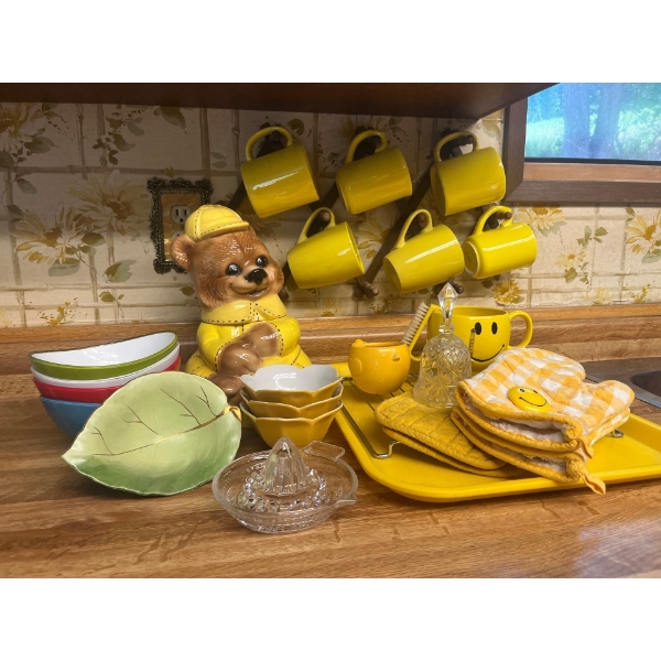 Large Collection Of Yellow Items Coffee Cups, Teddy Bear Cookie Jar, Bowls With Glass Lemon Juicer