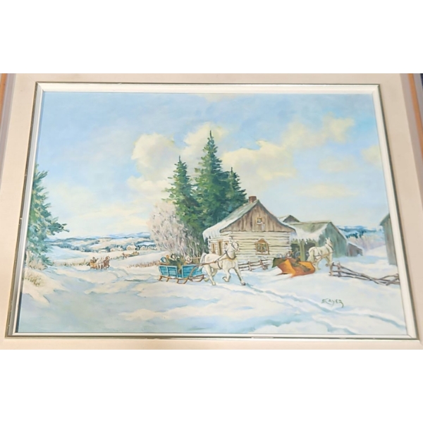 Original Painting Of Snowy Country Scene, Signed By Artist - 20"W x 16"H Before Frame