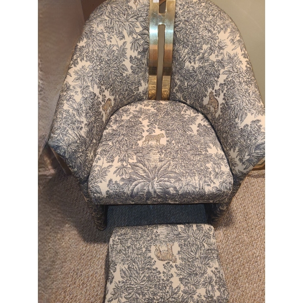 Accent Chair w/ "Jungle" Upholstery 26 W, 21 D, 34 T and Footstool 16 W, 12 D, 9 T