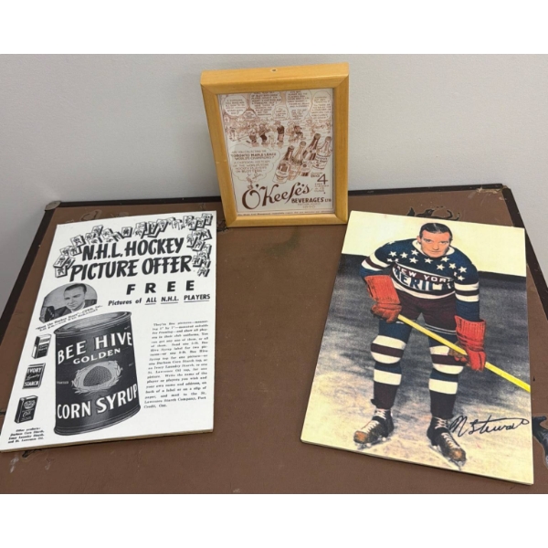 NHL Memorabilia Lot with Bee Hive Offer, Nels Stewart Print, and O'Keefe's Ad