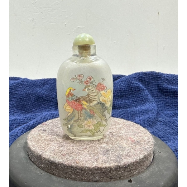 Glass Hand Painted Birds Snuff Bottle 2.25H