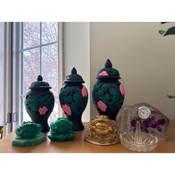 Decorative Vase Collection From Indonesia Set of 3, Largest 9T, w/ Chinese Money Frogs, More 