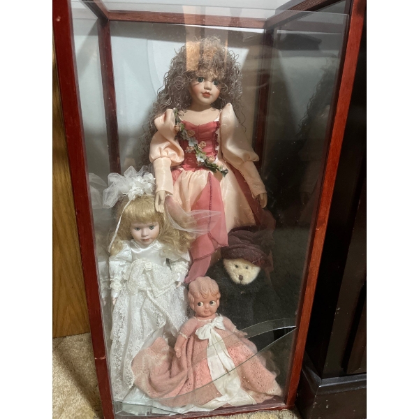 Collection of Vintage Dolls In A Glass Wooden Case
