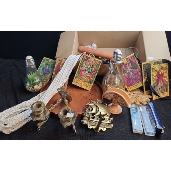 Assorted Home Decor Including: Wooden Tray 12" Diameter, Brass Candle Sconce and More!